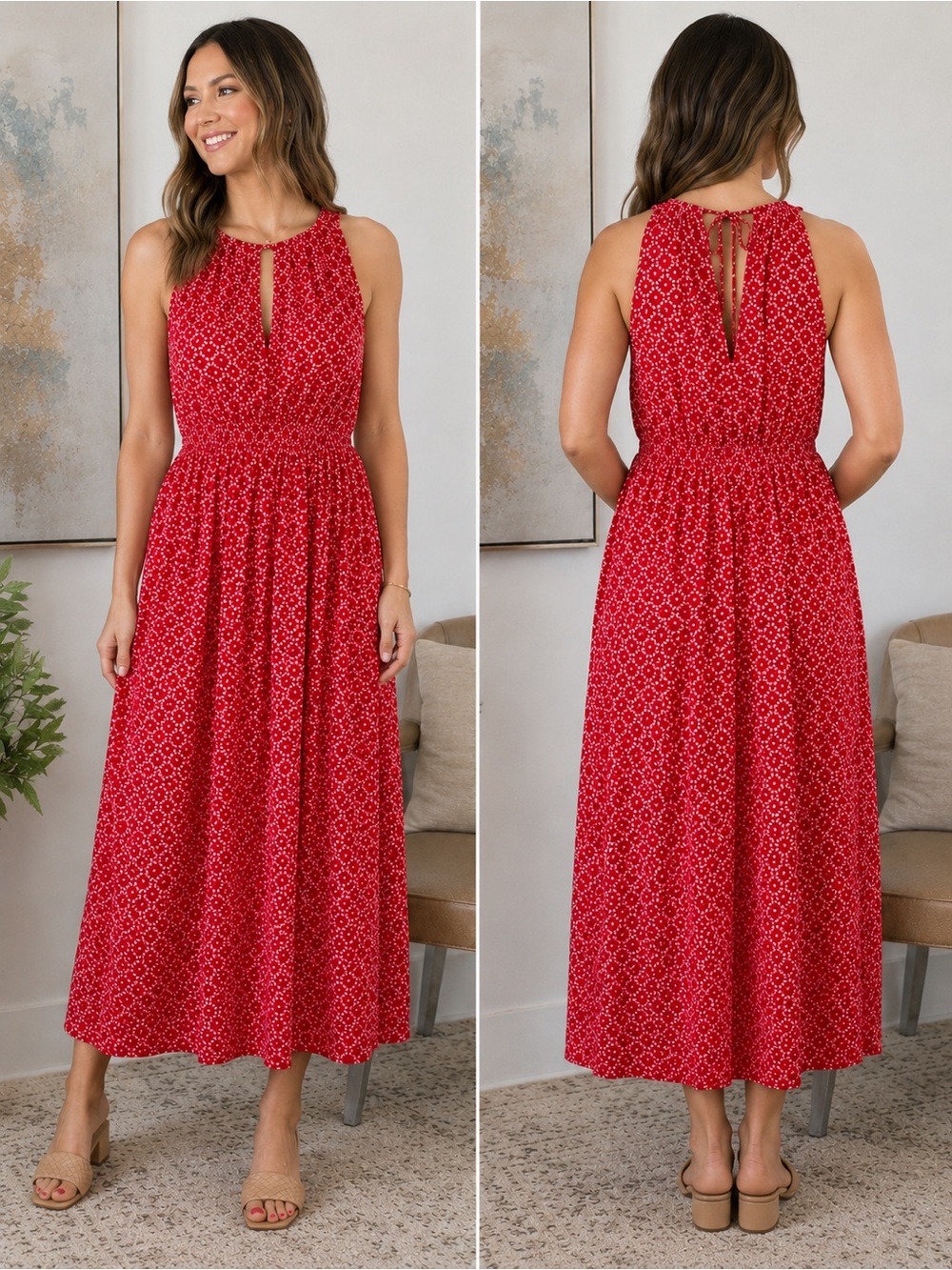 Maison Jules Red Floral Maxi Dress with Keyhole Tie